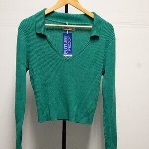 Hollister Green Ribbed Collared V Neck Top L